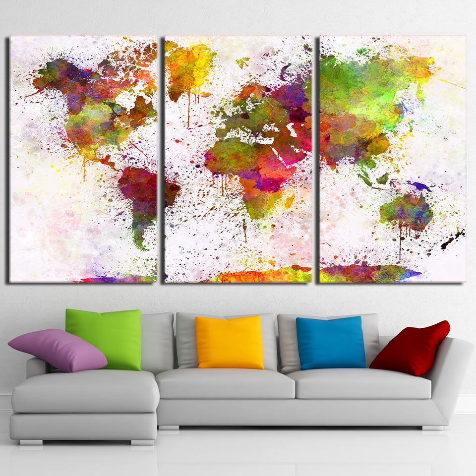 Abstract Pictures 3 Pieces Color World Map Paintings Wall Art Dropshipping