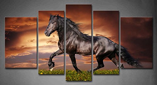 Animal  Black Friesian Running Horse Print On Canvas Wall Art Drop shipping