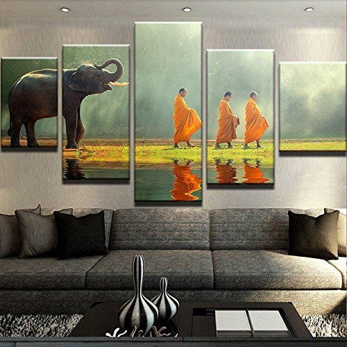 Elephant & Monks Painting Canvas Printed Wall Art Poster Drop shipping