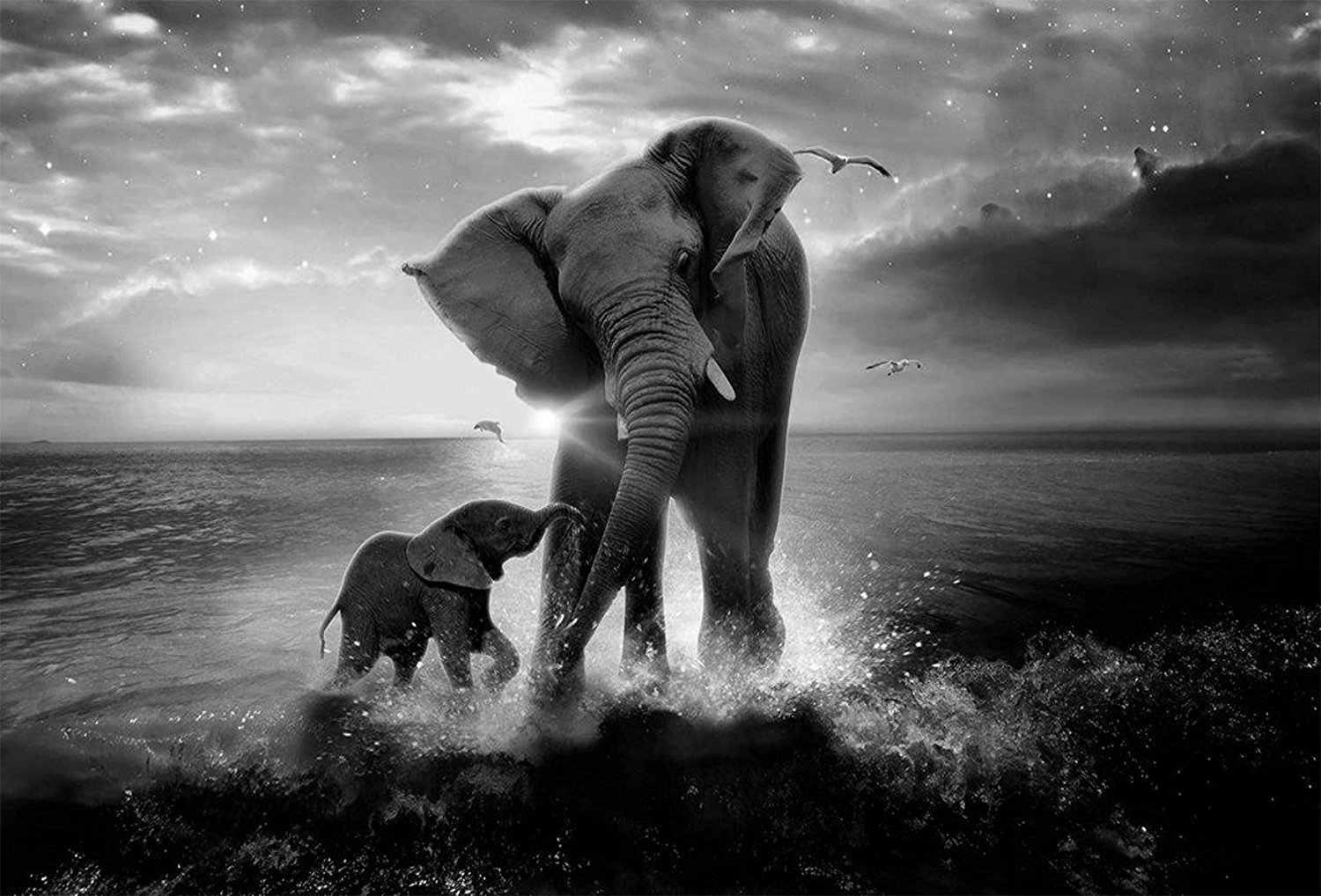 Elephant Mom and Baby Art Canvas Print Modern Wall Decor Artwork Drop shipping 