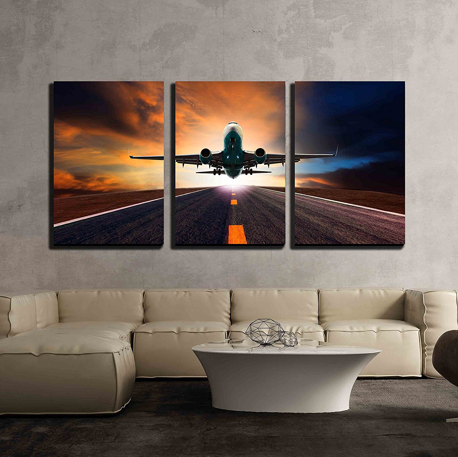 Canvas Wall Art Passenger Jet Plane Flying over Airport Runway Against Beautiful Dusky Sky Drop shipping