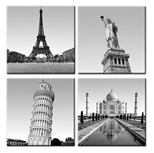  Paris Tower, Liberty Statue, the Leaning Tower of Pisa and Taj Mahal Modern Modern Gray Architecture Wall Art Drop shipping 