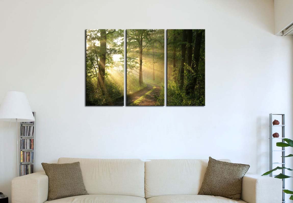 Dirt Road Deciduous Forest Green Trees Foggy Morning Forest Print On Canvas Drop shipping