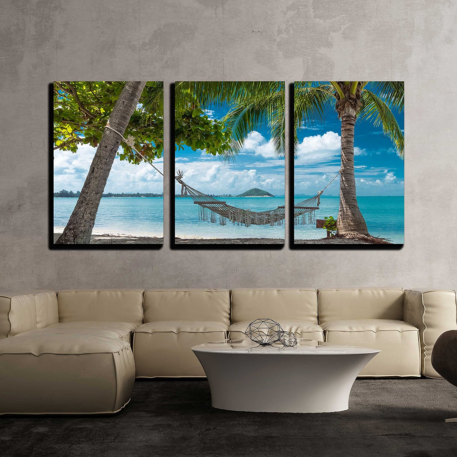 palm trees on the tropical beach with hammock Canvas Wall Art Drop shipping