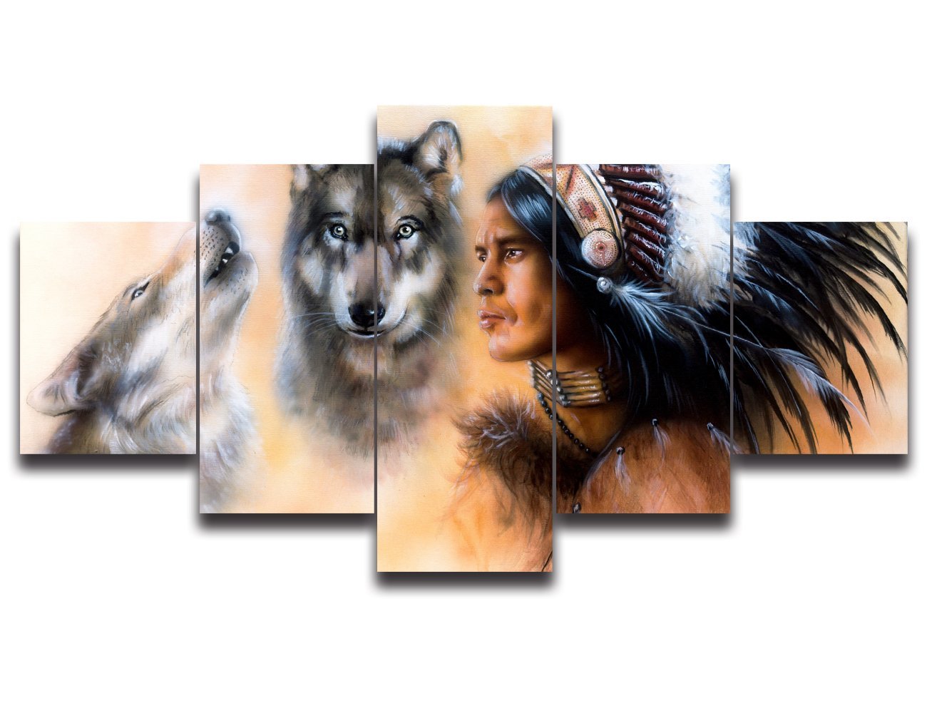 Indian Man In Ethnic Feather With Wolves Modern Landscape Posters Drop shipping
