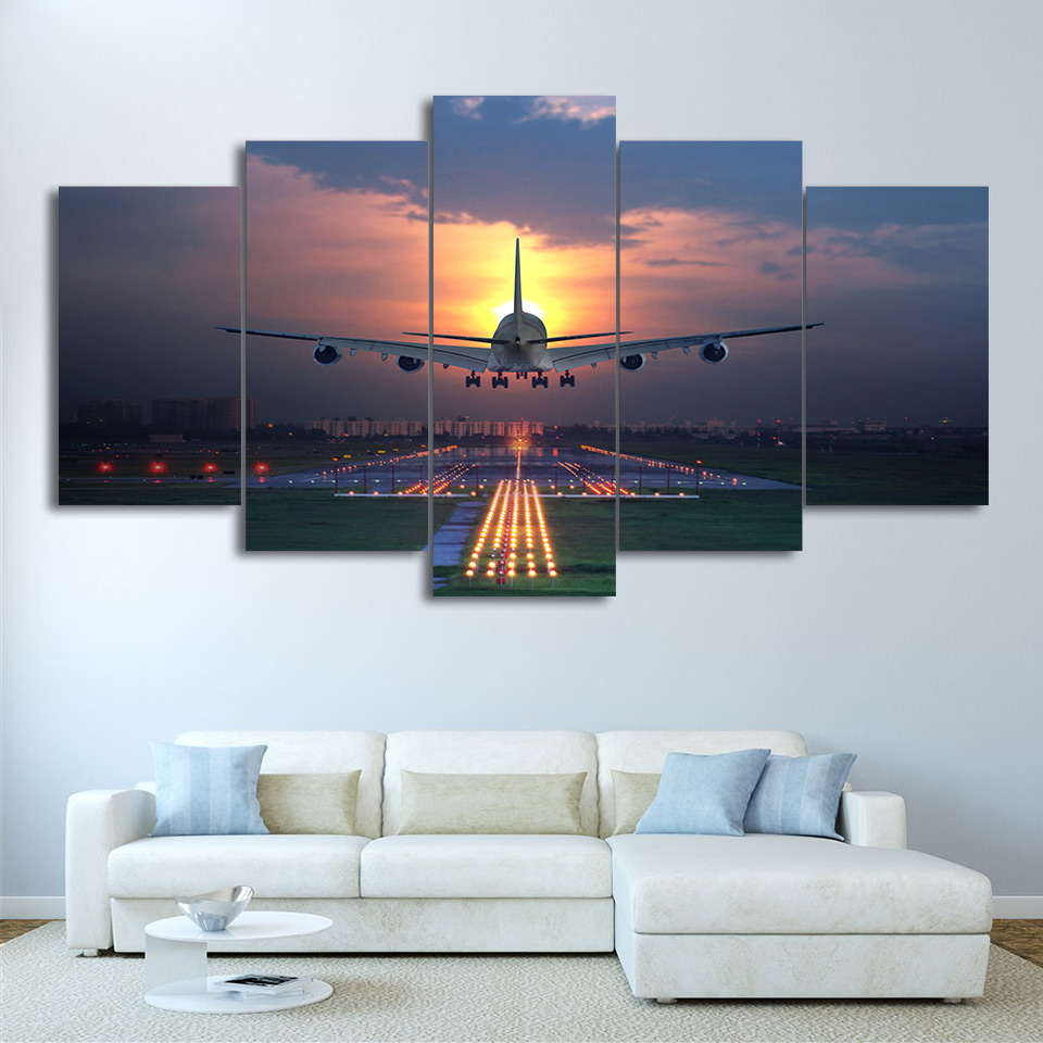  Sunset Airplane Lawn airport Poster Canvas Art Painting Drop shipping